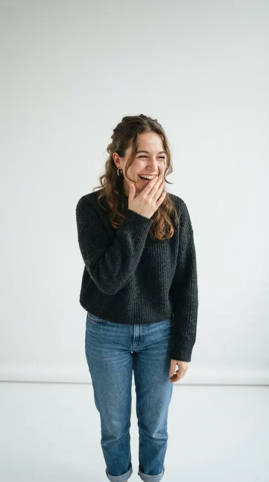 Role A of the oh you can make it cap meme: a person laughing and covering their mouth in a white studio